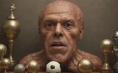 Un retrato vintage de El Pulpo Pauls con fama y trofeo de fútbol místico