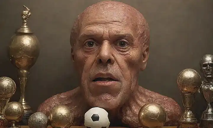 Un retrato vintage de El Pulpo Pauls con fama y trofeo de fútbol místico