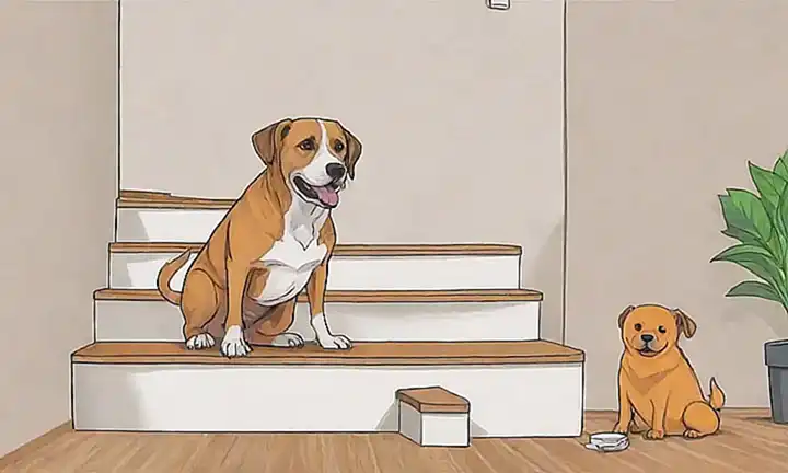 El papel de fondo presenta escaleras, tos, desafíos, fitness y estimulación mental para perros