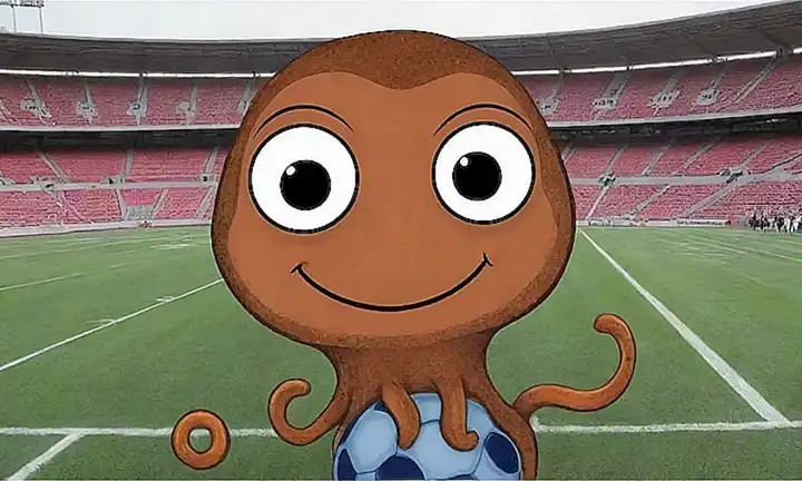 La pared tiene a Paul el octopus mirando desde un estadio de fútbol con sabios ojos. **Translation:**  The wall has Paul the octopus looking out from a football stadium with wise eyes