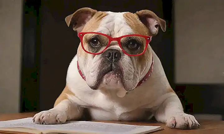 Un bulldog alegre con gafas estudia un guía