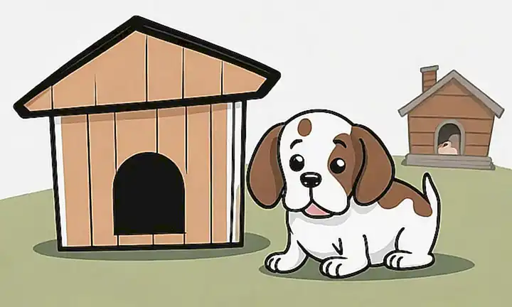Un cachorro pelirrojo se esconde tras una casa grande