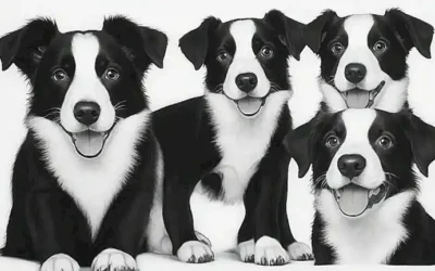 Dos mestizos de Border Collie sonrientes en un collage de fotografías en blanco y negro