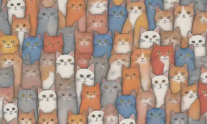 Un papel de pared multicolor muestra un collage de gatos con expresiones juguetonas