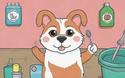 Papel de pared con ojos de mascotas peludas siendo limpiados y sección de productos de limpieza