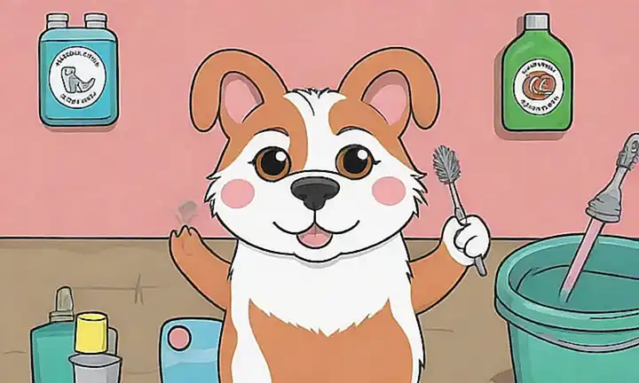 Papel de pared con ojos de mascotas peludas siendo limpiados y sección de productos de limpieza