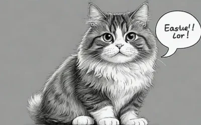 Ilustración de gato esponjoso con texto en negro y blanco y efectos de purrin que muestran consejos en burbujas