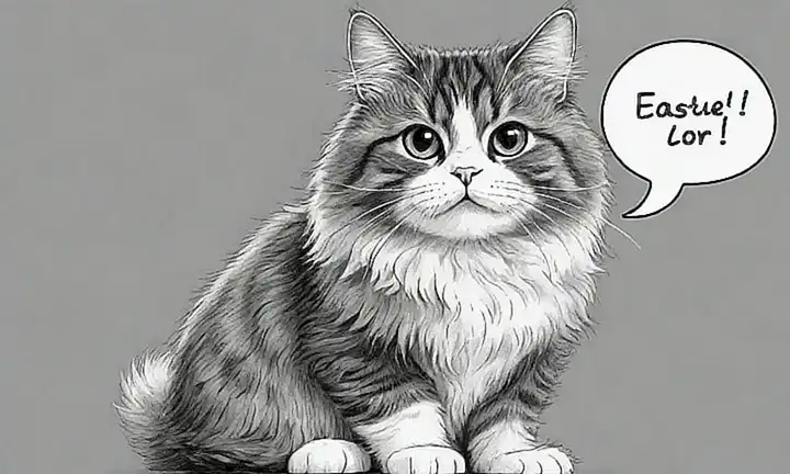 Ilustración de gato esponjoso con texto en negro y blanco y efectos de purrin que muestran consejos en burbujas