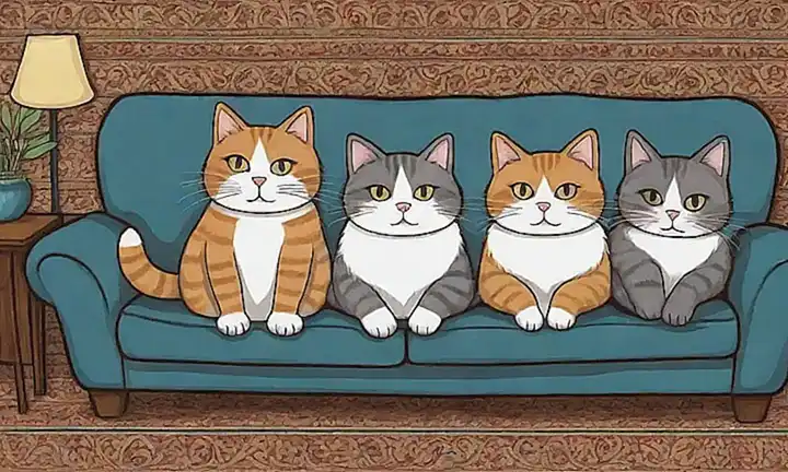 Gatos relajados en un sofá acogedor con fondo de tapicería