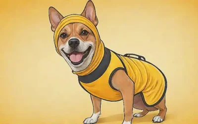 Un dibujo de un perro con protección para los pies en fondo amarillo con texto