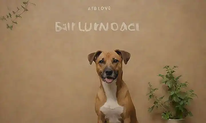 Un perro en una pared con textura, rodeado de ilustraciones de hierbas y texto calmante en un fondo marrón claro