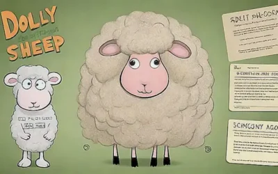 Una ilustración científica de Dolly la oveja con etiquetas sobre el desarrollo de la genética y su impacto ético