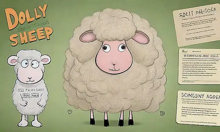 Una ilustración científica de Dolly la oveja con etiquetas sobre el desarrollo de la genética y su impacto ético