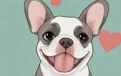 Fotografía de bulldog francés con sonrisa dulce y huella de pata