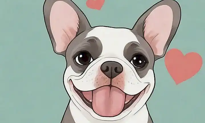 Fotografía de bulldog francés con sonrisa dulce y huella de pata