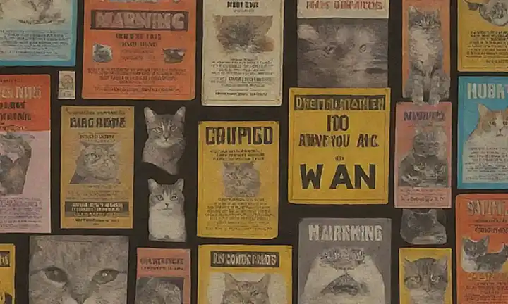 Un diseño colorido con ilustraciones de gatos y advertencias