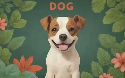 Imagen de perro con elementos de dibujos animados sobre un fondo de hojas de hierbas