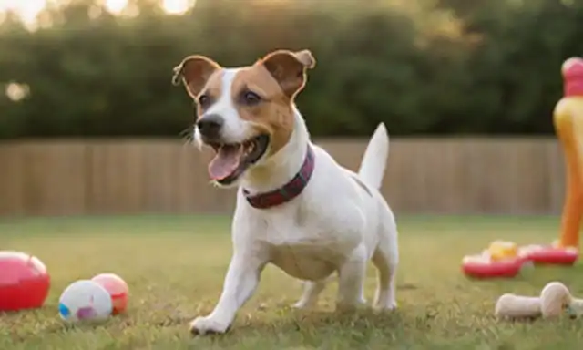 Un animado y enérgico Jack Russell terrier en medio del juego, rodeado de juguetes y golosinas, con una expresión brillante y curiosa, en contra de un fondo cálido y soleado, como un parque o patio trasero; una figura humana borrosa visible en la distancia, posiblemente un adulto o niño sonriente jugando al fetch