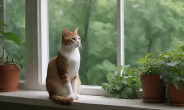 Una ilustración caprichosa de un curioso gato sentado en un ventanal, rodeado de exuberante vegetación, con sus posesiones de dueños dispersas cerca; la expresión de gatos transmite una mezcla de fascinación y diversión mientras observa sus pertenencias humanas, mientras que también aparentemente hablando a sí mismo o una entidad invisible