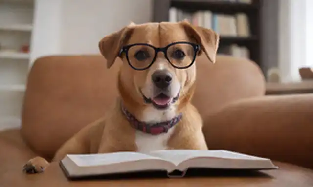 Un perro feliz sentado en un sofá con una estantería en el fondo, usando un par de copas y sosteniendo un diccionario, mirando atentamente a una página; rodeado de una sala desordenada llena de juguetes, libros y golosinas; con una sombra débil de una aplicación de aprendizaje de idiomas abierta en una tableta o teléfono inteligente en la esquina