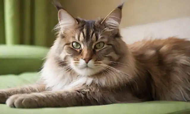 Una fotografía de tono cálido con un gato grande y suave de Maine Coon saltando sobre un cojín o manta suave, con ojos verdes brillantes y una sonrisa sutil; la piel de gatos se representa en tonos de marrón, blanco y gris; el fondo está borroso para enfocar la atención en el gato; la imagen transmite contentamiento y serenidad