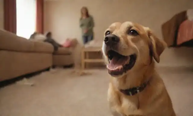 Una persona ojos ensanchados con sorpresa, un perro mira hacia arriba con una sonrisa traviesa, una sala desordenada o piel de perro desordenado es visible en el fondo, una capción cómica burbujas de un discurso burbuja, un momento incómodo entre humanos y perros capturado en una instantánea