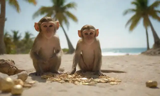 3 monos maliciosos resonando a través de un tesoro trove, rodeados de joyas brillantes y monedas brillantes, con un fondo de playa con el sol, palmeras balanceándose suavemente a la distancia