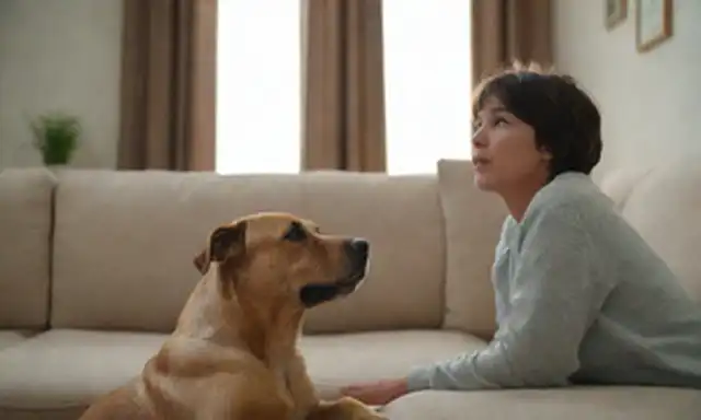 Un perro preocupado mirando hacia arriba a su dueño, un gato feliz acurrucando con su propietario, una familia con niños y mascotas jugando juntos, una escena tranquila de mascotas en un sofá, una mascota preocupada sentado solo en una habitación vacía, mascotas que exploran un nuevo hogar, mascotas que reciben atención médica de un veterinario