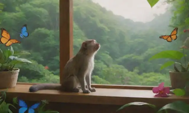 Una ilustración colorida de una variedad de animales que hacen sonidos en diferentes ambientes, como un gato que se mete en un ventanal, un pájaro chirping en un bosque, y un mono aullando en la selva, rodeado de exuberante vegetación, flores y mariposas vibrantes volando alrededor de ellos