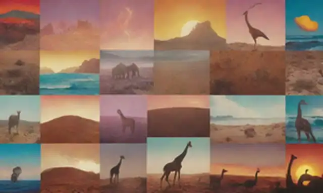 Collage of animal silhouettes with diverse backgrounds, vibrant colors, sound waves emanating from their mouths, a musical note symbol in the center, and whimsical illustrates of forest, desert, ocean scenes