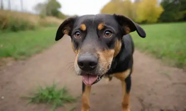 Un perro curioso con lengua fuera, olfateando en el suelo, en medio de un fondo borroso de hierba, suciedad, y posiblemente algunas hojas; la cámara está ligeramente por encima de la cabeza de los perros para transmitir curiosidad; iluminación cálida y natural; un ligero borrón en el movimiento de perros para sugerir movimiento; una profundidad poco profunda de campo para enfatizar los perros cara