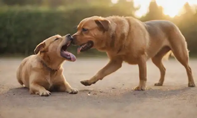 2 perros en un partido de lucha juguetona, uno acostado en su lado, parpadeando, el otro de pie sobre ella con la lengua fuera, abrigos peludos, tonos terrenales, luz solar caliente, fondo borroso