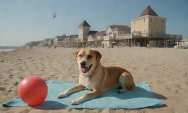 Feliz perro jugando con bola de playa el día soleado en la orilla tranquila, familia en el edificio de distancia sandcastle, soporte de salvavidas en el fondo, gaviotas volando sobre la cabeza, toallas de playa y gafas de sol cerca, ambiente relajado garantizado