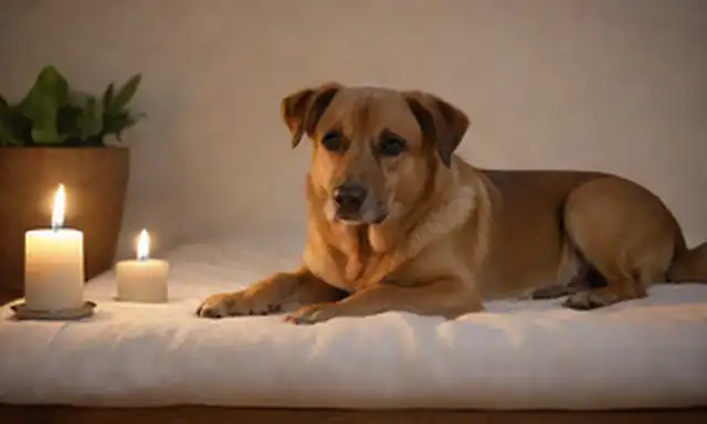 Un perro tranquilo acostado en una cama suave, rodeado de elementos calmantes como velas o aceites esenciales, con iluminación suave y un fondo tranquilo, con texturas naturales como madera o tela, transportando serenidad y relajación