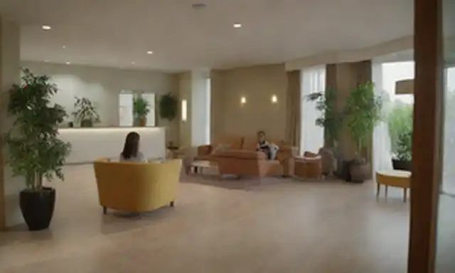 Un vestíbulo con un cómodo sofá, un mostrador de recepción con un empleado sonriendo, unos cuantos invitados sentados y charlando, una puerta que conduce a un jardín o patio, plantas y flores en jarrones, un ambiente cálido y acogedor