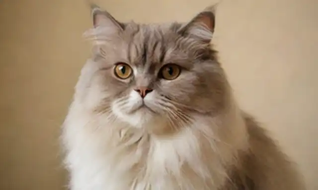 Gato suave con fluidez Recubrimiento persa, expresión facial suave, postura elegante, fondo serena con colores sutiles gradientes, iluminación cálida, sombra sutil y texturas intrincadas