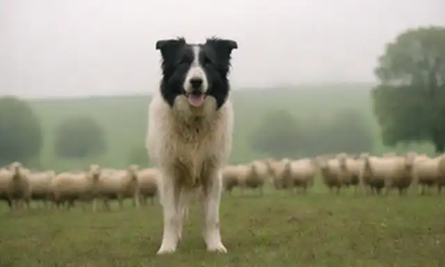 Una oveja con un pelaje suave, ojos inteligentes y una expresión enfocada, rodeada de ovejas que pastan tranquilamente en un prado verde, con una bruma sutil en el fondo, unos pocos árboles dispersos alrededor, y el perro de pie alto con su instinto de pastoreo evidente