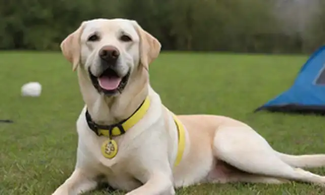 Un amistoso perro de raza Labrador Retriever con una expresión feliz, sentado en un prado verde, con un collar amarillo, rodeado de niños jugando al fetch, un kit de primeros auxilios cerca, y una cuerda de rescate colgando suelto