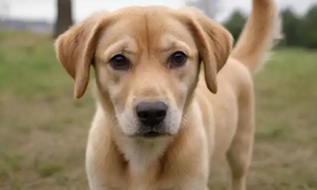 feliz cachorro, ojos amistosos, abrigo dorado, orejas floppy, cola depilante, pose juguetona, ambiente relajado