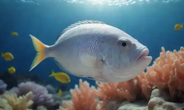 3D rendering, underwater setting, majestuoso pescado de color perla, vibrante arrecife de coral, escuelas de peces espumosos, olas oceánicas, delicada algas marinas, cálida luz solar filtrando a través de la superficie de las aguas, enfoque suave en la perla transformada, sentido de serenidad y maravilla