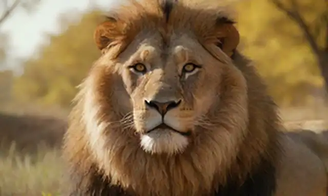 Un león majestuoso con expresión regal, un paisaje sereno con árboles dorados al sol, un marco animado con pinceladas visibles, colores vibrantes con suave afeitado, ilustraciones caprichosas de los animales frunciendo el fondo, detalles intrincados sobre piel de animal y plumas