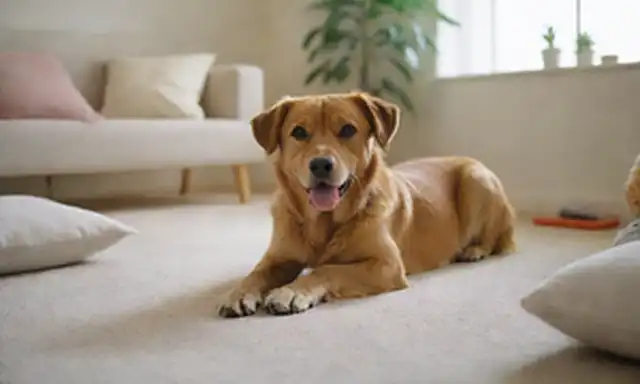 Un perro feliz acostado en una alfombra suave, rodeado de almohadas y juguetes, con un fondo tranquilo y sereno, con unas pocas hojas o plantas que agregan un toque de la naturaleza, y una pista de una ventana en la distancia para dejar en alguna luz natural