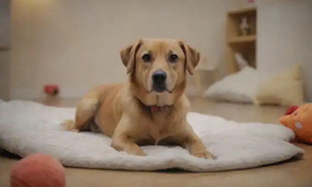 Un perro feliz con una expresión relajada, sentado en una superficie cómoda, rodeado de elementos calmantes como un color de fondo calmante, unos pocos juguetes, y un objeto reconfortante como una manta o almohada, en un ambiente bien iluminado con tonos cálidos