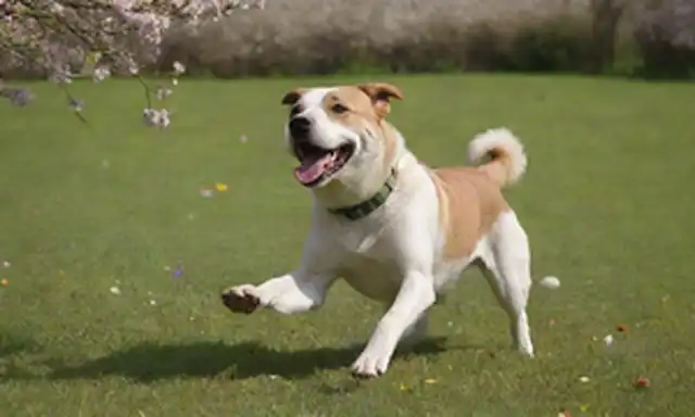 Un perro feliz corriendo con una pelota, jugando a buscar en un día soleado, rodeado de flores y césped verde, con un collar y correa, sentado cómodamente, oliendo un árbol, explorando al aire libre, disfrutando de naturalezas paisaje