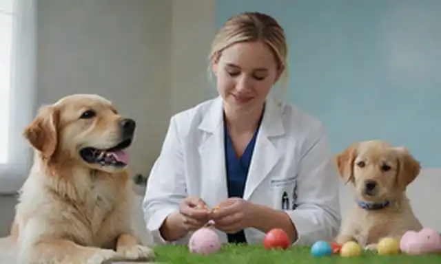 Una escena de ensueño con una persona que sostiene un cachorro lindo, suave, rodeado de juguetes y golosos; un veterinario en un abrigo blanco que examina un feliz recuperador de oro; un ambiente tranquilo y sereno con exuberante hierba verde y cielo azul