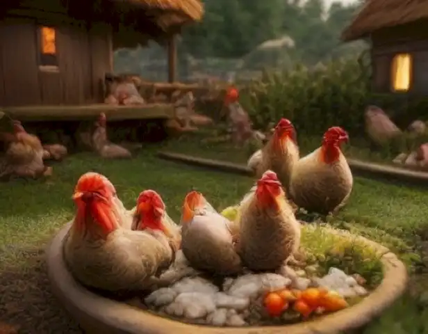 image of healthy, happy chickens in their natural habitat, with clean and organized living space.