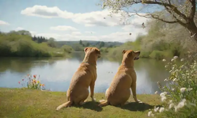Un perro feliz vagando cola, rodeado de un jardín floreciente, con mariposas y abejas volando alrededor, bajo un cielo soleado, con un lago o río tranquilo en el fondo