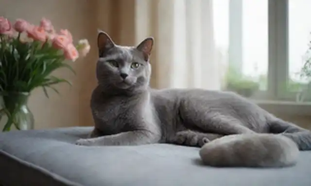 Un sereno gato azul de Rusia saltando en un cojín de felpa, rodeado de flores delicadas, con suave luz caliente filtrando a través de una ventana, unos pocos pañuelos de su cola suave curtido alrededor de un tazón de comida de gato fresco