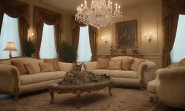 2-3 majestuosos gatos Savannah de colores dorados y grandes ojos saltando en almohadillas, almohadas o alfombras de colores crema, en medio de ornatos, muebles lujosos y arañas fulgurantes, en un amplio salón con acentos de madera y molduras intrincadas, transportando opulencia y refinamiento