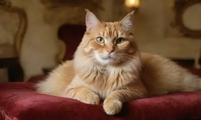 Lujoso fondo de mansión, un majestuoso gato con ojos perforantes, piel dorada y pose regal, sentado en un cojín terciopelo, rodeado de adornos lavis y muebles elegantes